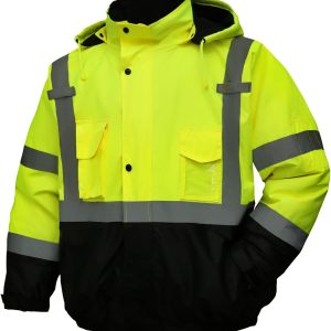 DPSAFETY Safety jacket for men,Reflective high Visibility Hooded jacket,Hi-Vis Bomber Jacket with Pockets and Zipper,Waterproof,Black Bottom,ANSI/ISEA 107-2020 Type R Class 3,Lime